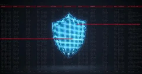 A digital shield icon is displayed on screen filled with various codes and data Stock Photos