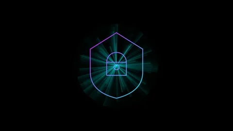 Digital shield icon with glowing lock inside moving light rays on black bac.. Stock-Footage 342583133