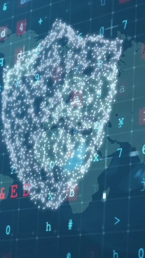Digital shield icon over world map with numbers and letters animation Stock Footage 319811052