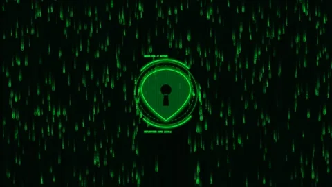 Digital shield with keyhole locks down data stream in matrix code background. Stock Footage 341824512