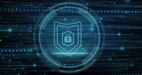Digital shield with lock icon over binary code and data stream animation Stock Footage 303870220