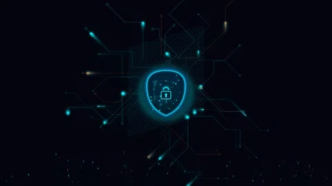 Digital shield with lock icon protection for data on abstract circuit board.. Stock Footage 341824440