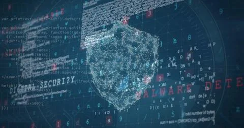 Digital shield with MALWARE DETECTED text and code fragments surrounding it Photos