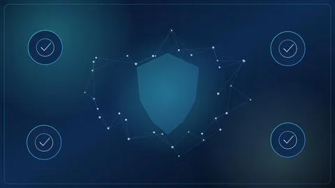 Digital shield with network nodes and verification icons on dark tech backg.. Stock Illustration