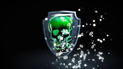 Digital shield pierced by glowing data particles, representing cybersecurity Illustrazione stock