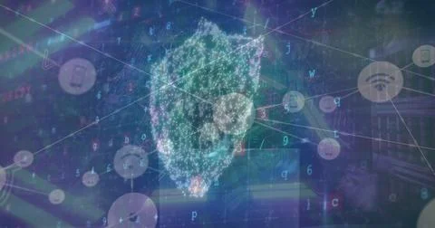 Digital shield protecting data with network icons and letters in futuristic Stock Photos