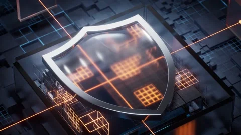 Digital shield protecting network with glowing circuits and data flow. Stock Footage 332316254