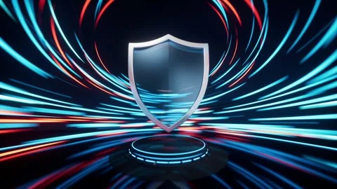 Digital shield security concept rotating on glowing futuristic pedestal wit.. Vídeos de archivo 332149367