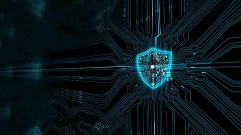 Digital Shield of Security with Technology Circuit Lines and Lock Icon Stock Illustration