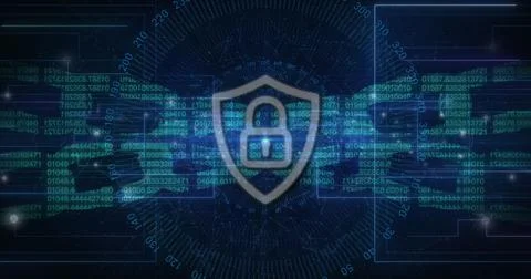 A digital shield symbolizes cybersecurity on a blue binary code background Illustrazione stock