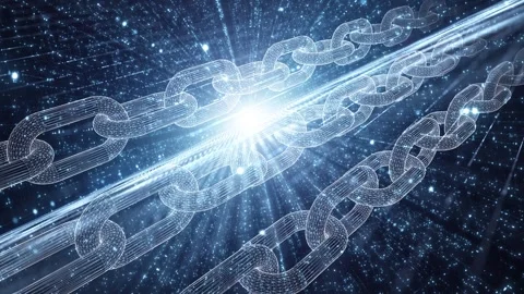 Digital shiny blockchain chains rotation network Stock Footage 337514213