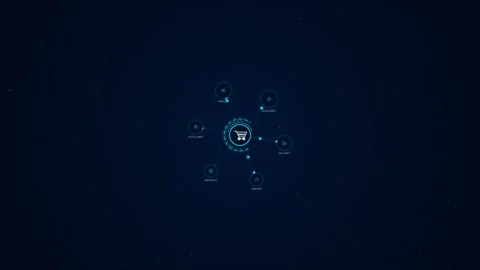 Digital shopping cart interface with interconnected business icons on dark .. Vídeos de archivo 341824359