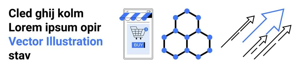 Digital shopping concept with hexagonal network, upward arrows, and shop au.. Stock Illustration