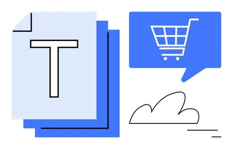 Digital Shopping Elements with File and Cart in Blue and Black Minimalist Sty Stock Illustration