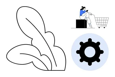 Digital Shopping Experience Concept with Leaf, Gear, and Person Using a Sma.. Stockillustratie