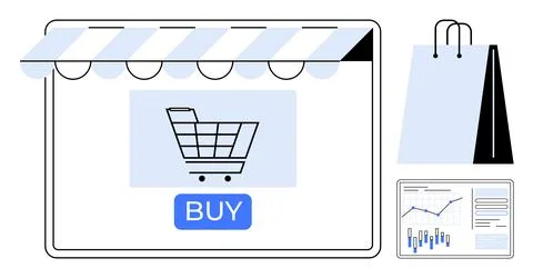 Digital shopping interface with cart and buy button, accompanied by paper s.. Stock Illustration