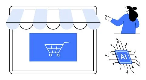 Digital Shopping Store with AI Technology and User Interaction Highlighted Stockillustratie