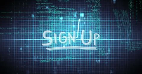 Digital sign-up interface with glowing grid and code in background Stock-Fotos