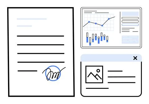 Digital Signature on Document with Data Analysis Charts and Image Icon for .. Stock Illustration