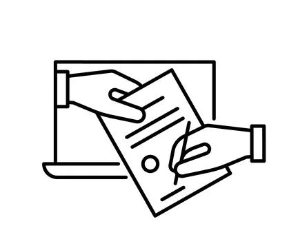 Digital signature on electronic document, line icon. Online agreement signing Stock Illustration
