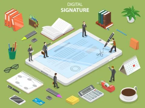 Digital signature flat isometric vector concept. Stock Illustration