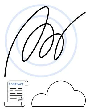 Digital signature loop with concentric circles, contract document having sign Stock Illustration