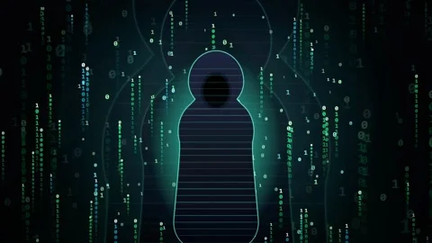 Digital silhouette of a hacker figure surrounded by falling binary code and Stock Footage 343153442