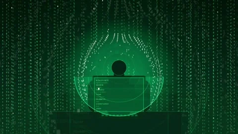 Digital Silhouette of Hacker Working with Green Binary Code Rain and Data 스톡 동영상 341833315