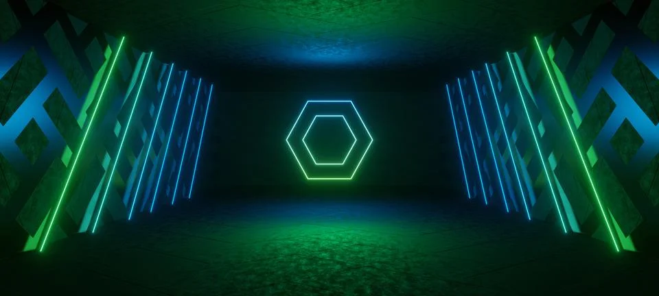 Digital Simulation Corridor Tunnel Reflective Neon Glowing with Black Colors  Ilustração Stock