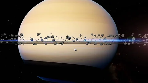 Digital simulation of planet Saturn and moons. Stock Footage 142402506