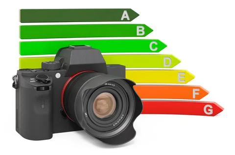 Digital single-lens reflex camera with energy efficiency chart, 3D rendering Stock Illustration