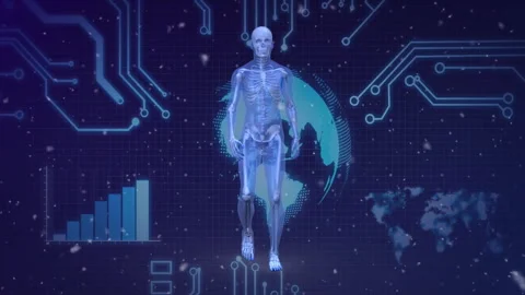 Digital skeleton animation over world map and circuit board graphics Stock Footage 304806763