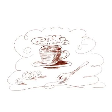 Digital sketch: coffee set in a Cup with sugar and spoon. Stock Illustration