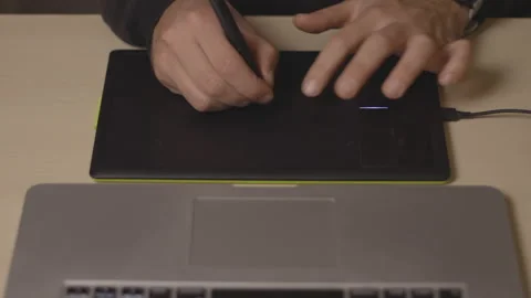 Digital sketch concept, top view on wooden desk in the office Stock Footage 146100904