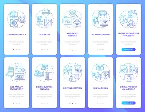Digital skills, literacy blue gradient onboarding mobile app screen set Stock Illustration
