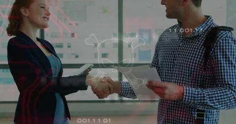 Digital skull and binary code overlay on handshake between two people in Stock Footage 304011418
