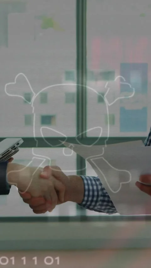 Digital skull and binary code overlay on handshake between two people in Stockbeeldmateriaal 344370466