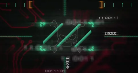 Digital skull and crossbones with data patterns on animation circuit background Stock Footage 305729192