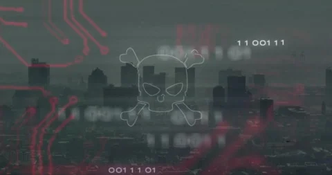 Digital skull and crossbones floating over skyline, showing glitchy circuit Stock Footage 307430471