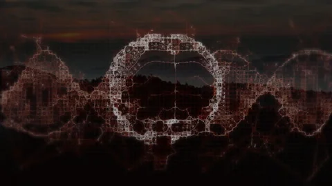 Digital skull and network connections animation over dark landscape Stock Footage 305894050