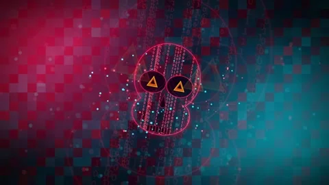 Digital skull animation with warning signs and lock icon representing cyber Stock Footage 341833135
