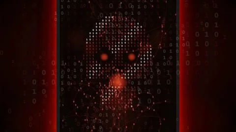 Digital skull formed by binary code raining down on a dark red technological Stock Footage 341834035