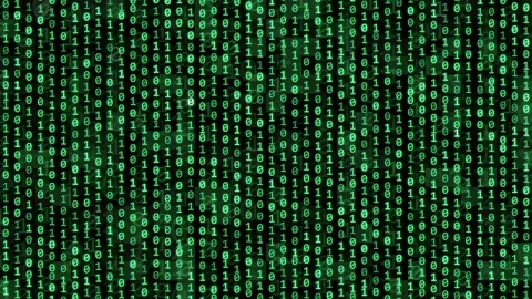 Digital skull icon appearing through green binary code background representing Stock-Footage 343168164