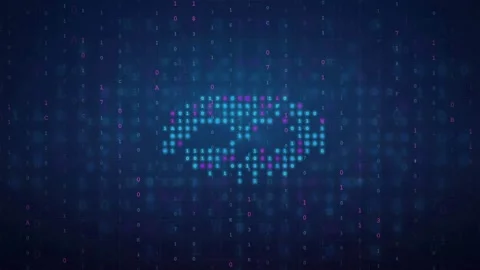 Digital skull icon flickering on a dark blue binary code background for 库存影片 343157933