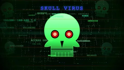 Digital skull icon with glitch effects and hacking data on a dark green cyber Stock Footage 345764021