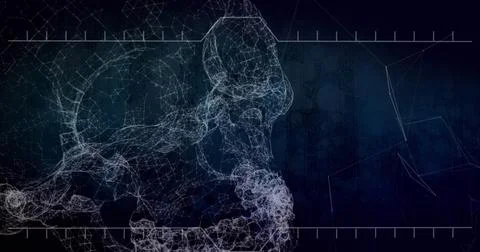 Digital skull interface with futuristic grid lines and abstract network Stock Illustration