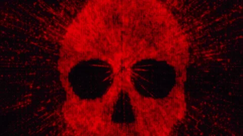 Digital skull sign, cyber attack on computer, futuristic screen. Hacking data Stock Footage 197043610