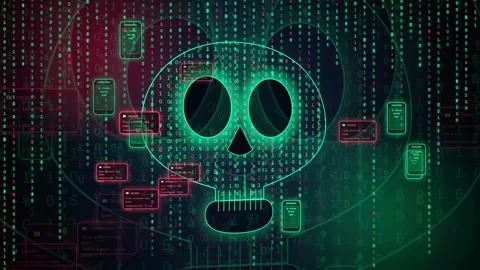 Digital skull silhouette with falling binary code and data windows for Stock-Footage 343163279