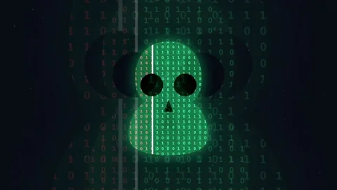 Digital skull silhouette with flowing binary code data stream on dark green Stock-Footage 343153502