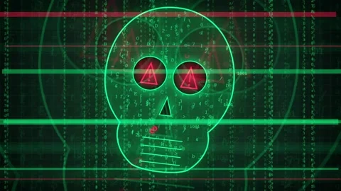 Digital skull silhouette with glowing red eyes and falling binary code matrix 動画素材 341834424